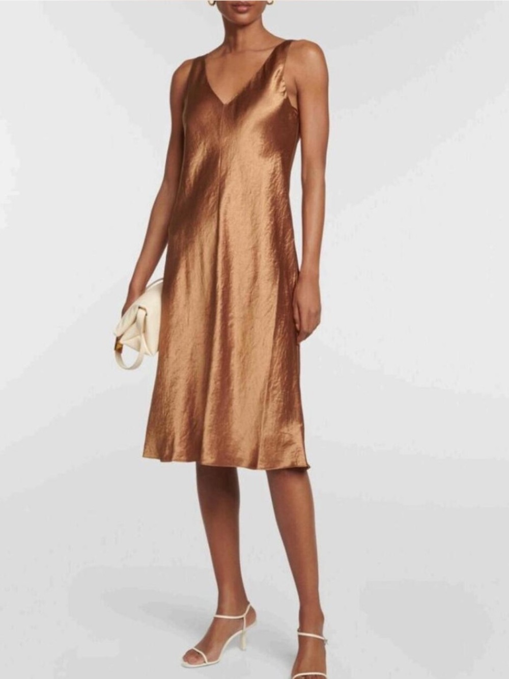 VINCE Satin Double V-Neck Midi Sleeveless Dress